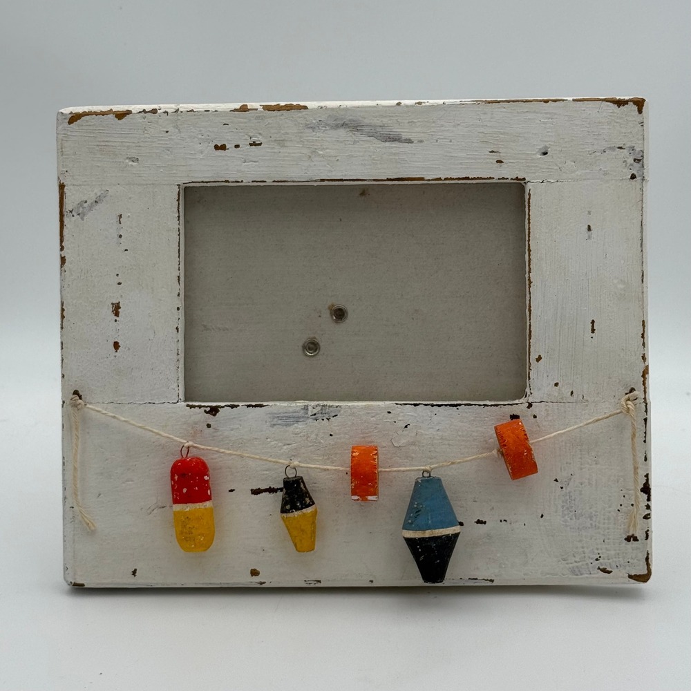 Two's Company Nautical Buoy Picture Frame Distressed White Wood Beach Decor 4x6